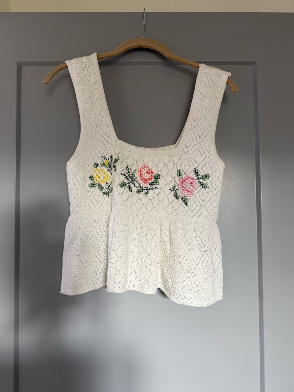 Altar'd State Cream Knit Floral Embroidered Peplum Top